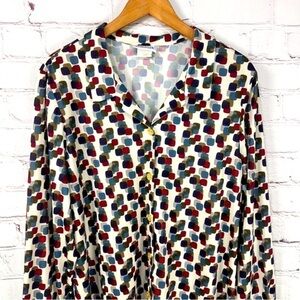Blair Shirt Womens 2x Retro Geometric Blouse Long Sleeve Button Front V Neck